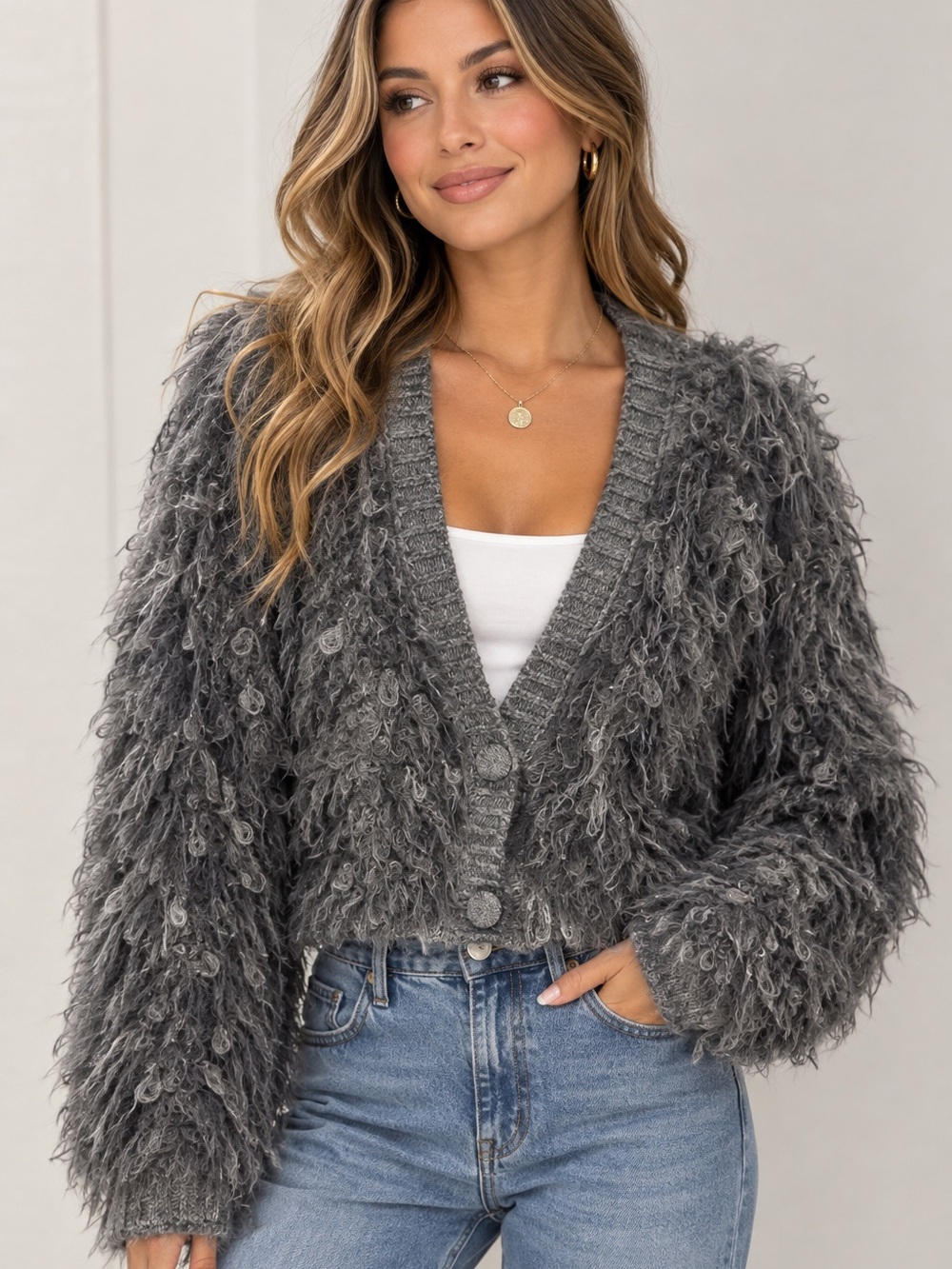 Q2 Gray Shaggy V-Neck Button Front Cardigan